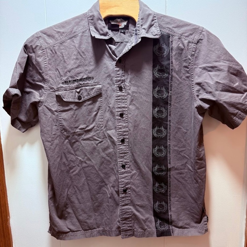 Harley-Davidson Men XL Gray Willie G Skull Graphic Button Up Short Sleeve Shirt